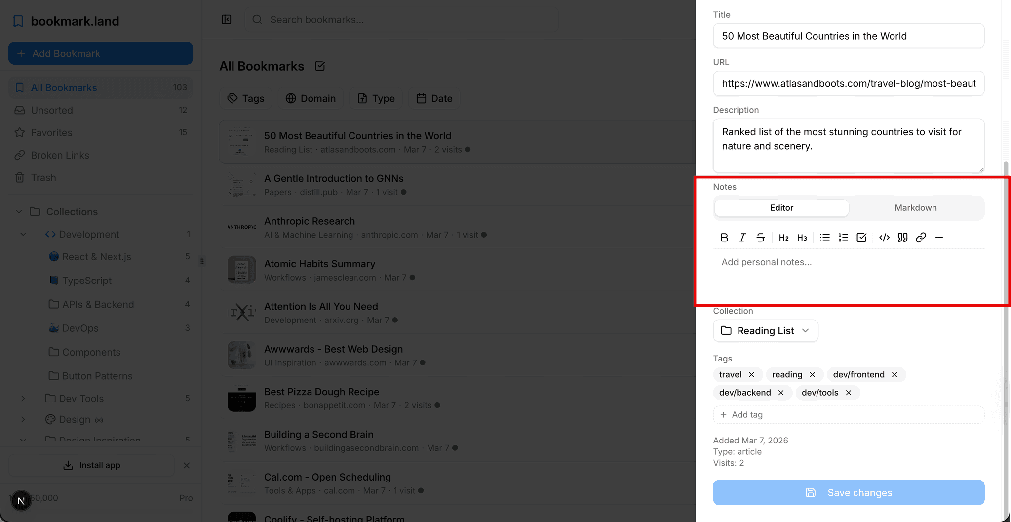 Bookmark detail panel with notes field