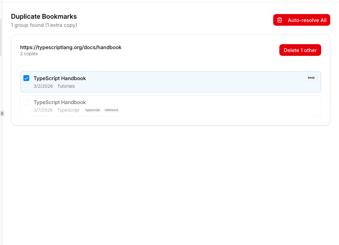 Duplicates page showing grouped duplicate bookmarks