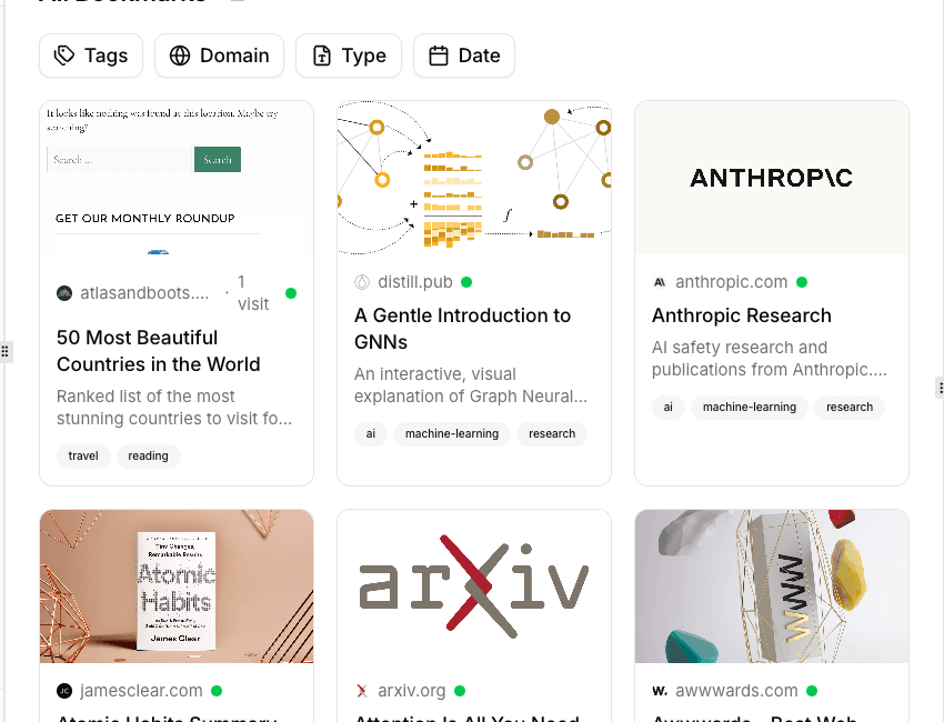 Bookmark grid view with thumbnail cards