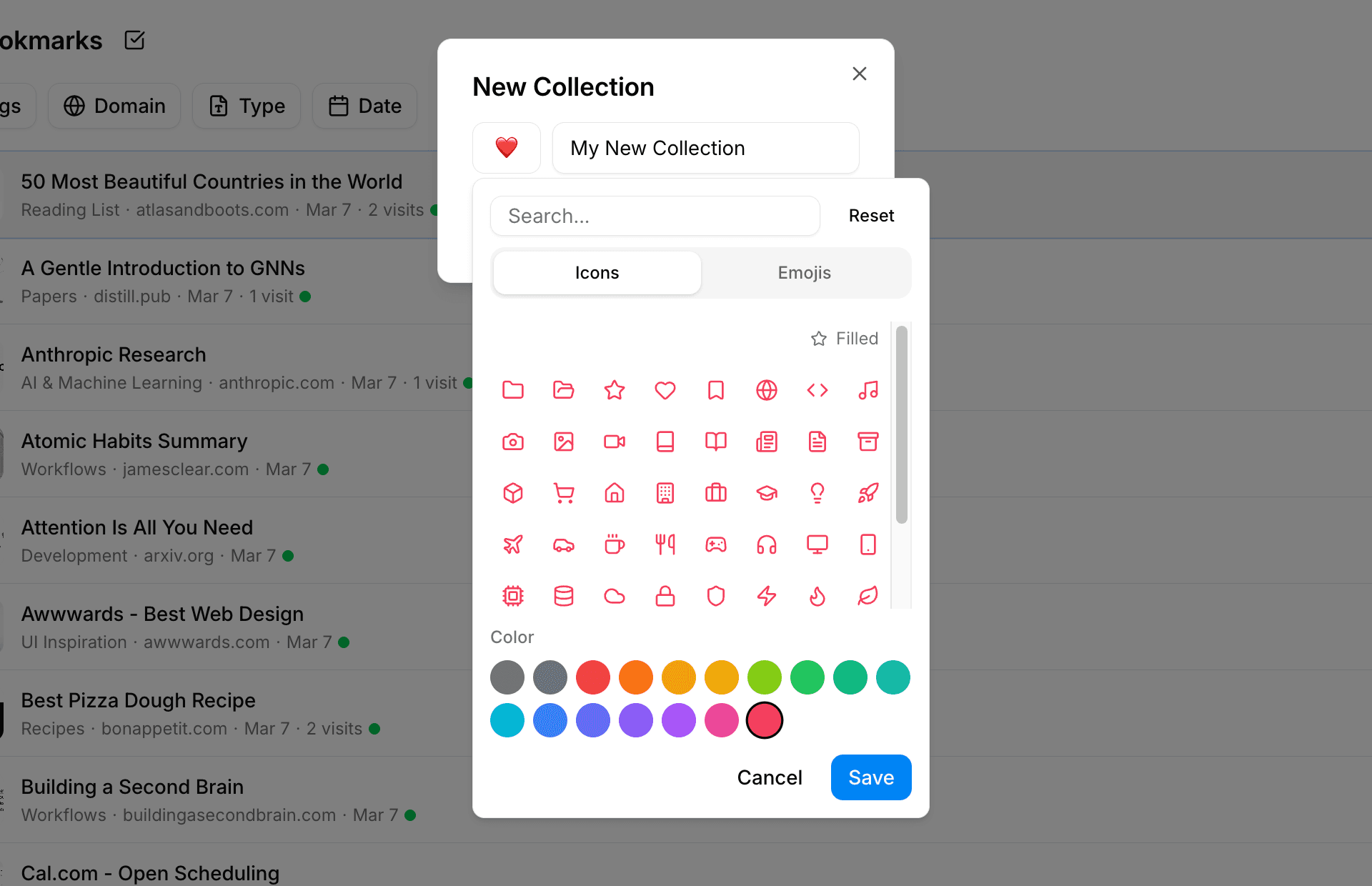 Icon picker popup showing lucide icons and emojis tabs