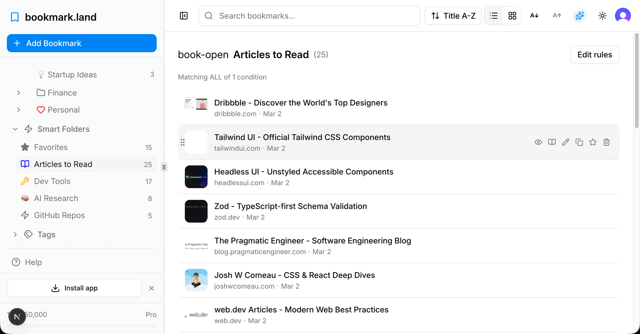 Bookmark list view