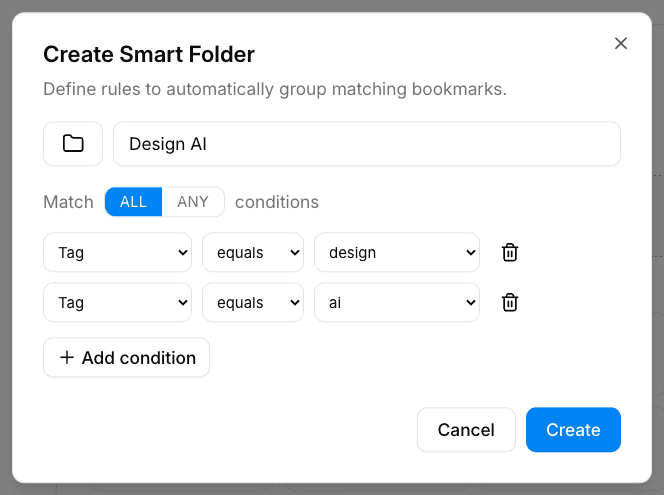Smart folder showing matched bookmarks and Edit rules button