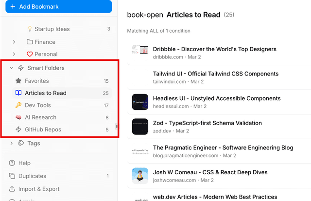 Sidebar showing smart folders section with live bookmark counts
