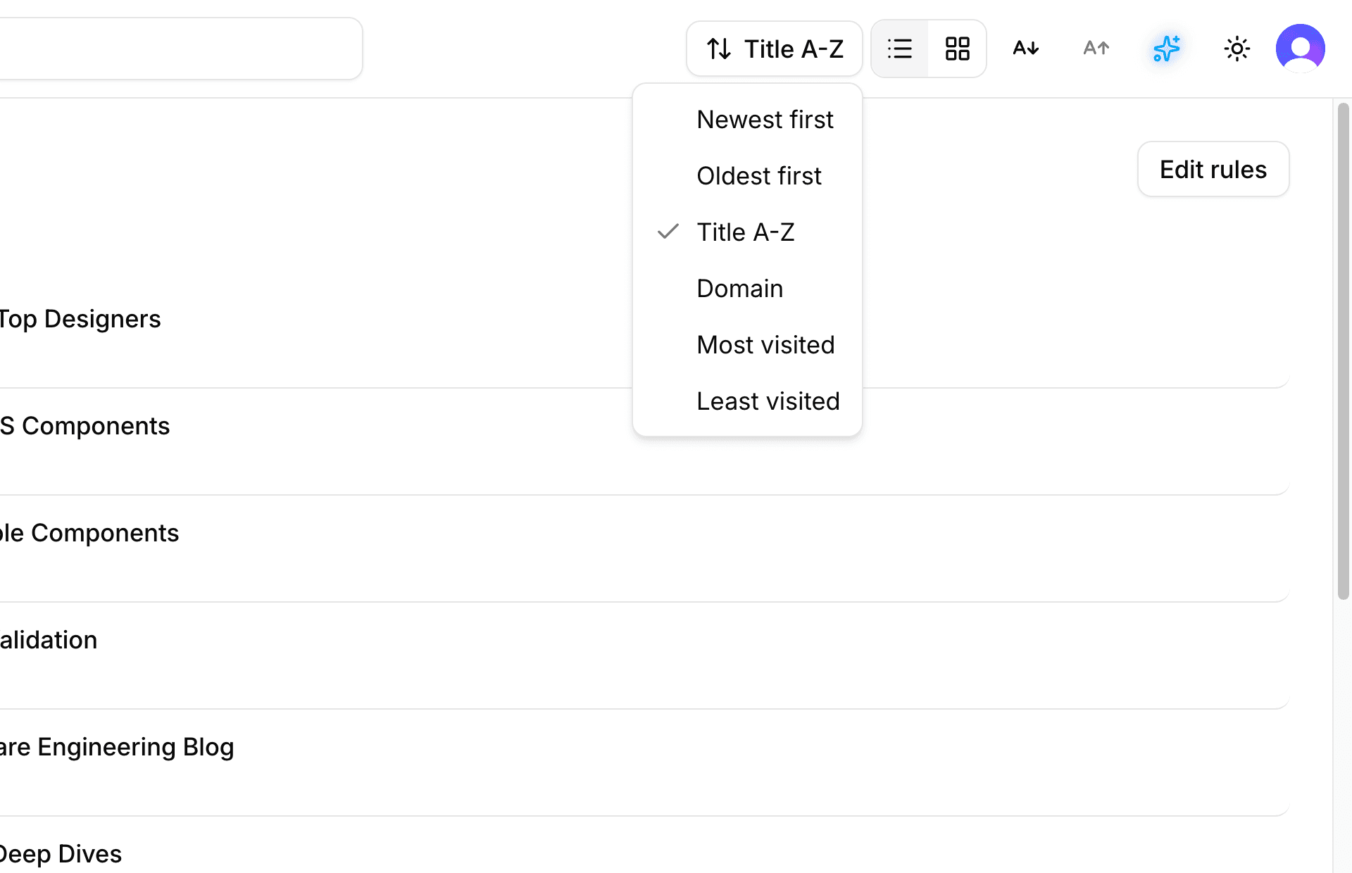 Sort dropdown open showing date, title, URL options