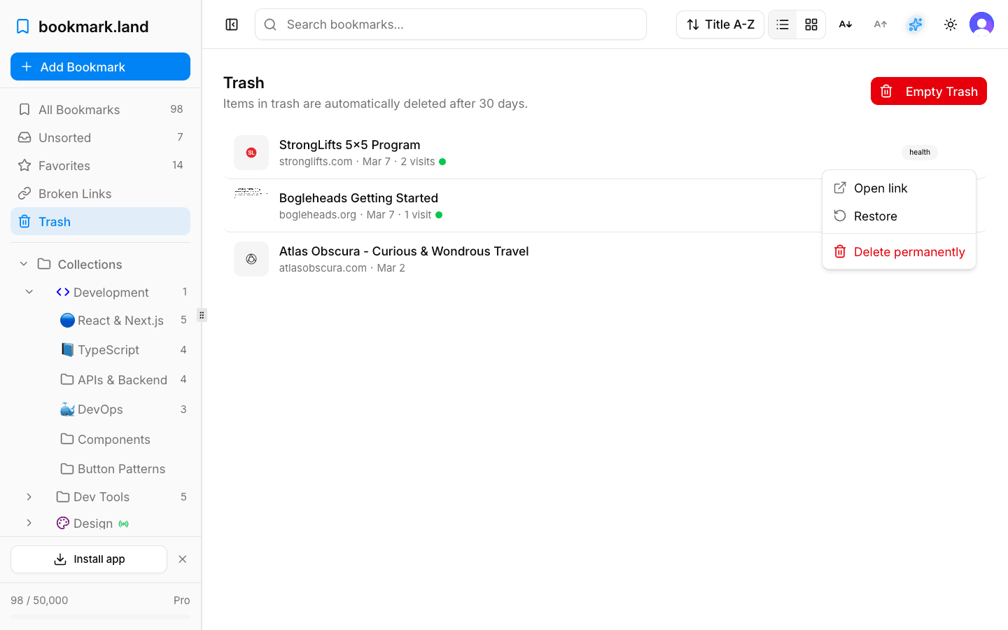 Trash view showing deleted bookmarks with restore and delete buttons