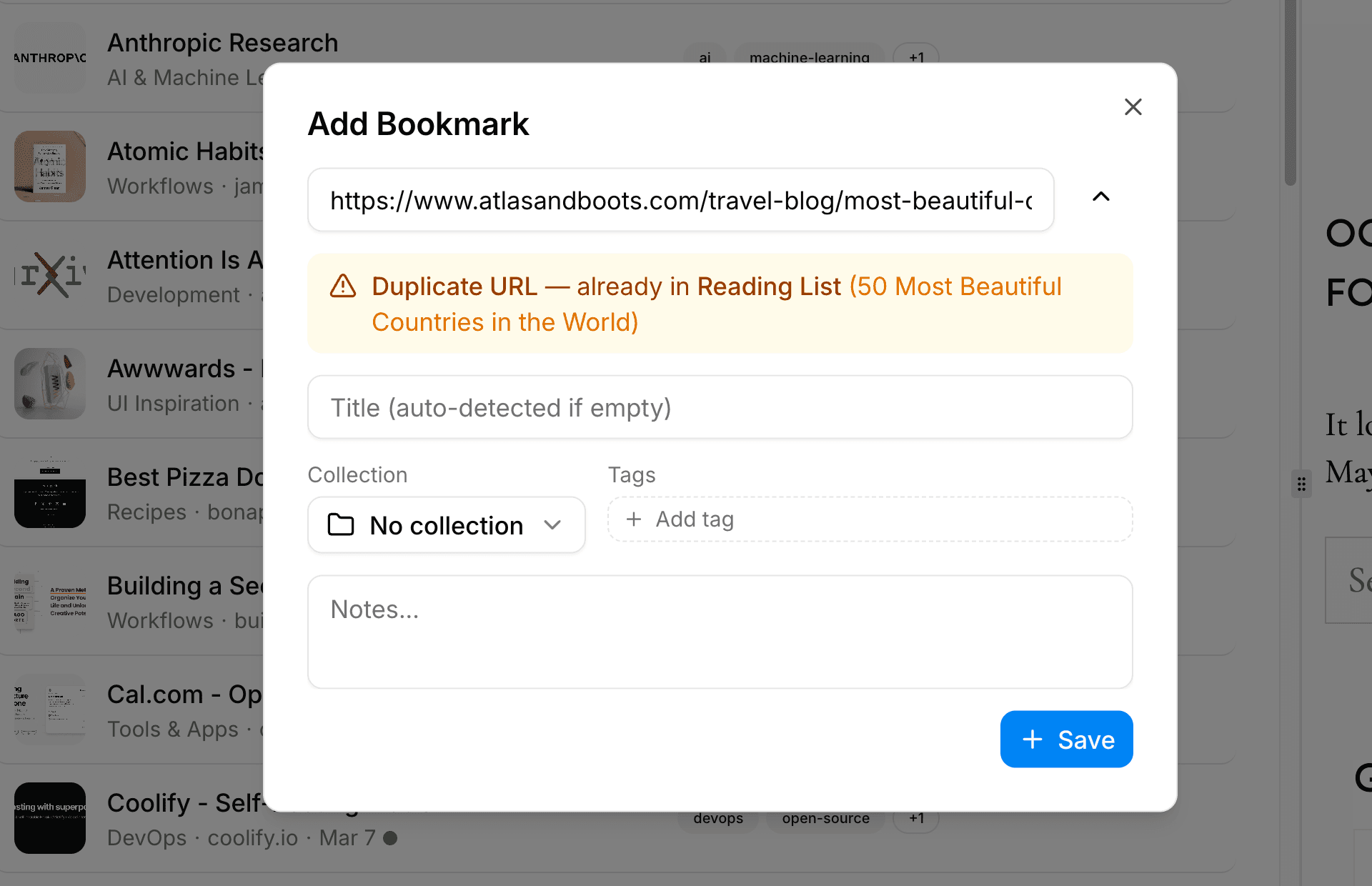 Duplicate URL warning when adding a bookmark that already exists