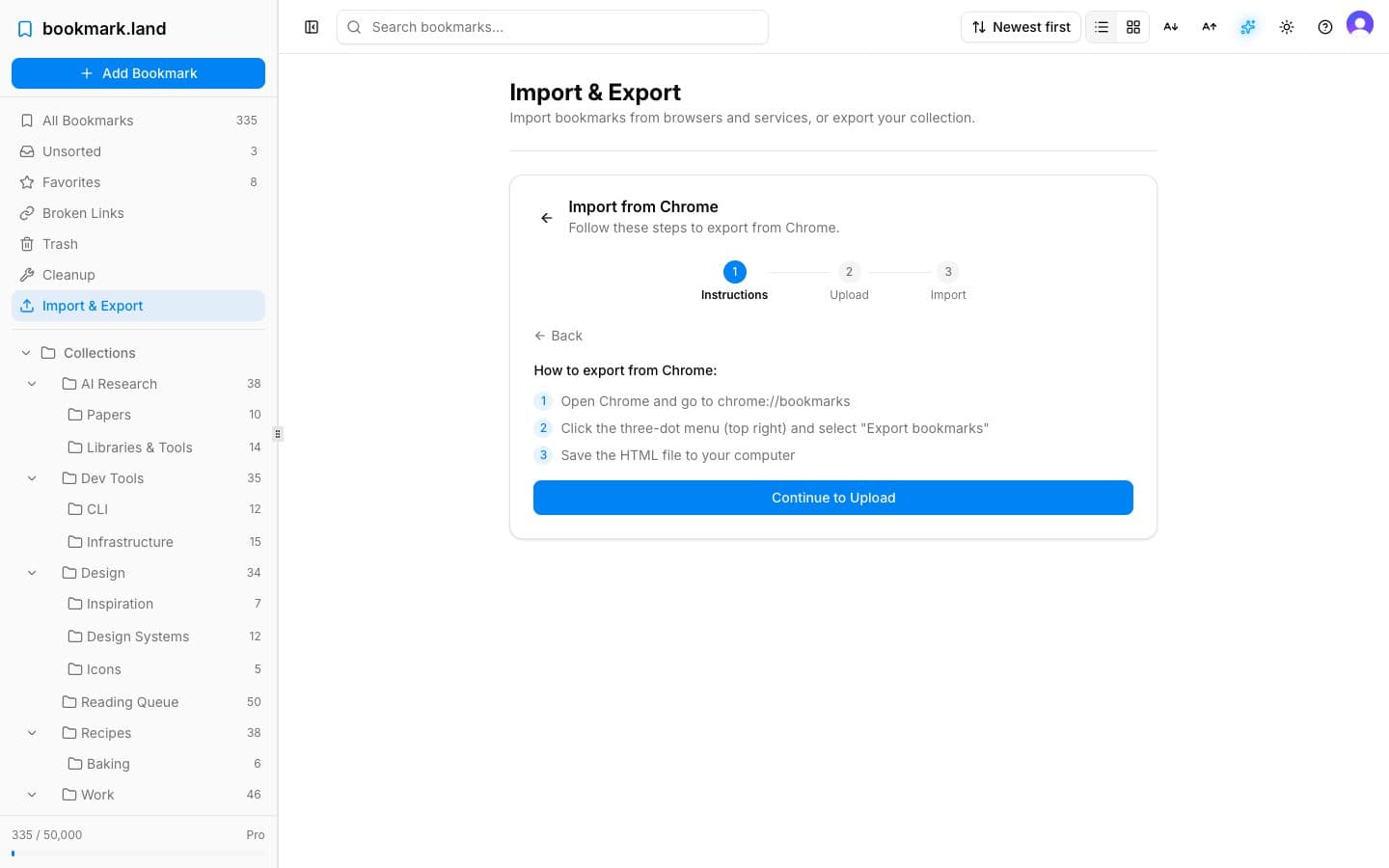 bookmark.land import dialog accepting Pinboard HTML export