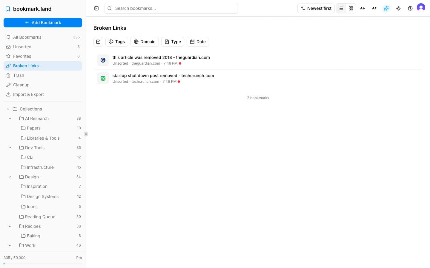 bookmark.land link health dashboard showing automated broken link detection