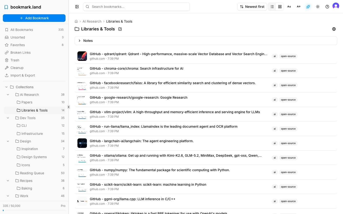 bookmark.land collections with unlimited nesting and color-coded tags