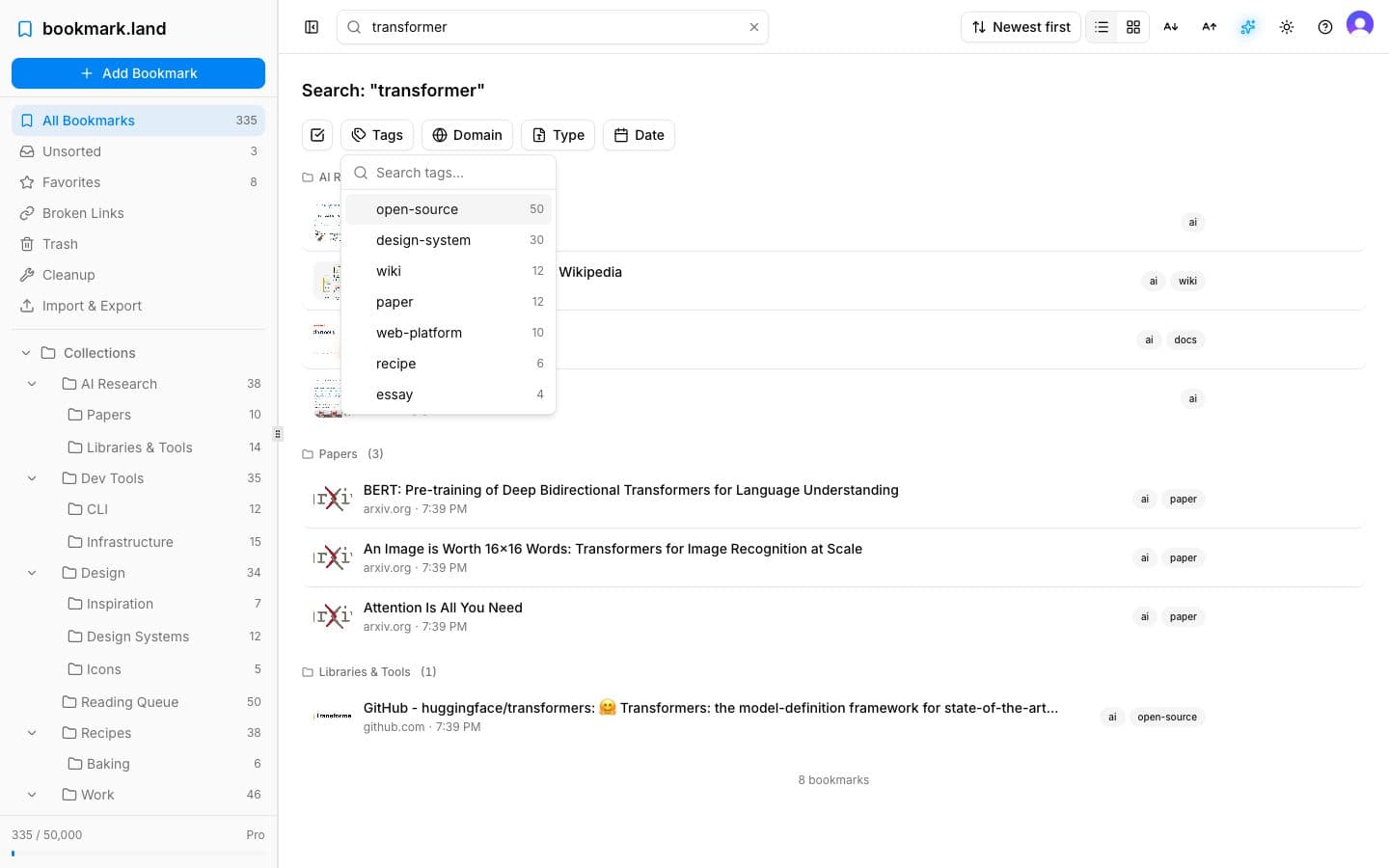 bookmark.land search with tag, domain, and date filters
