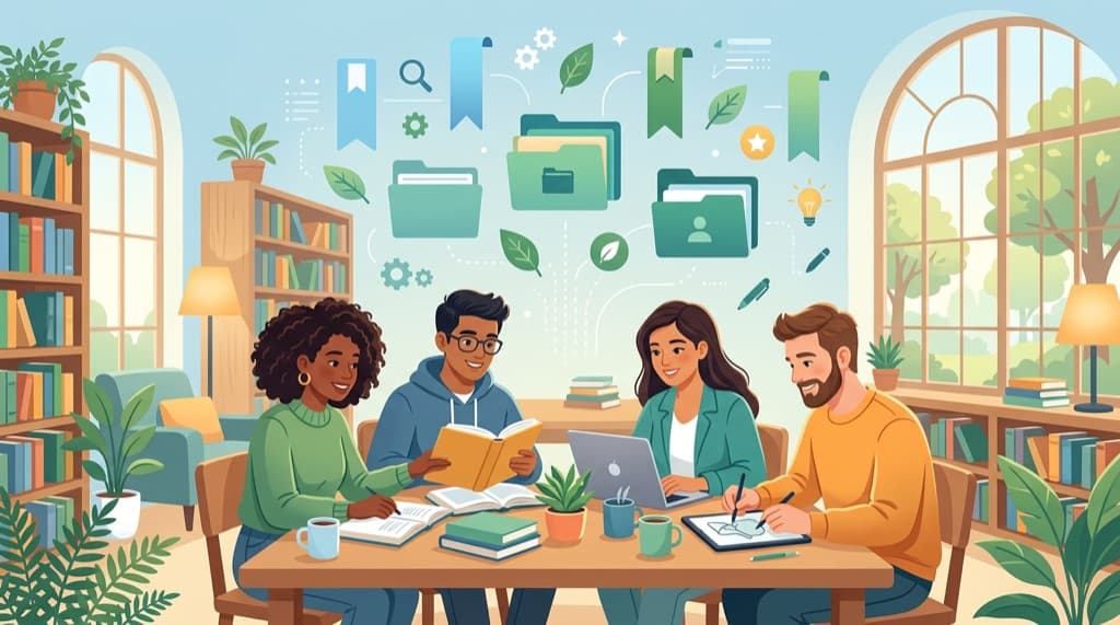 Diverse students studying in a library with floating bookmark and folder icons
