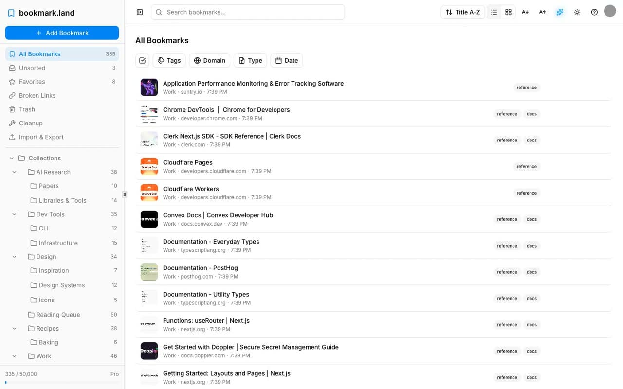 A full walkthrough of bookmark.land: searching, previewing, collections, smart folders, and link health