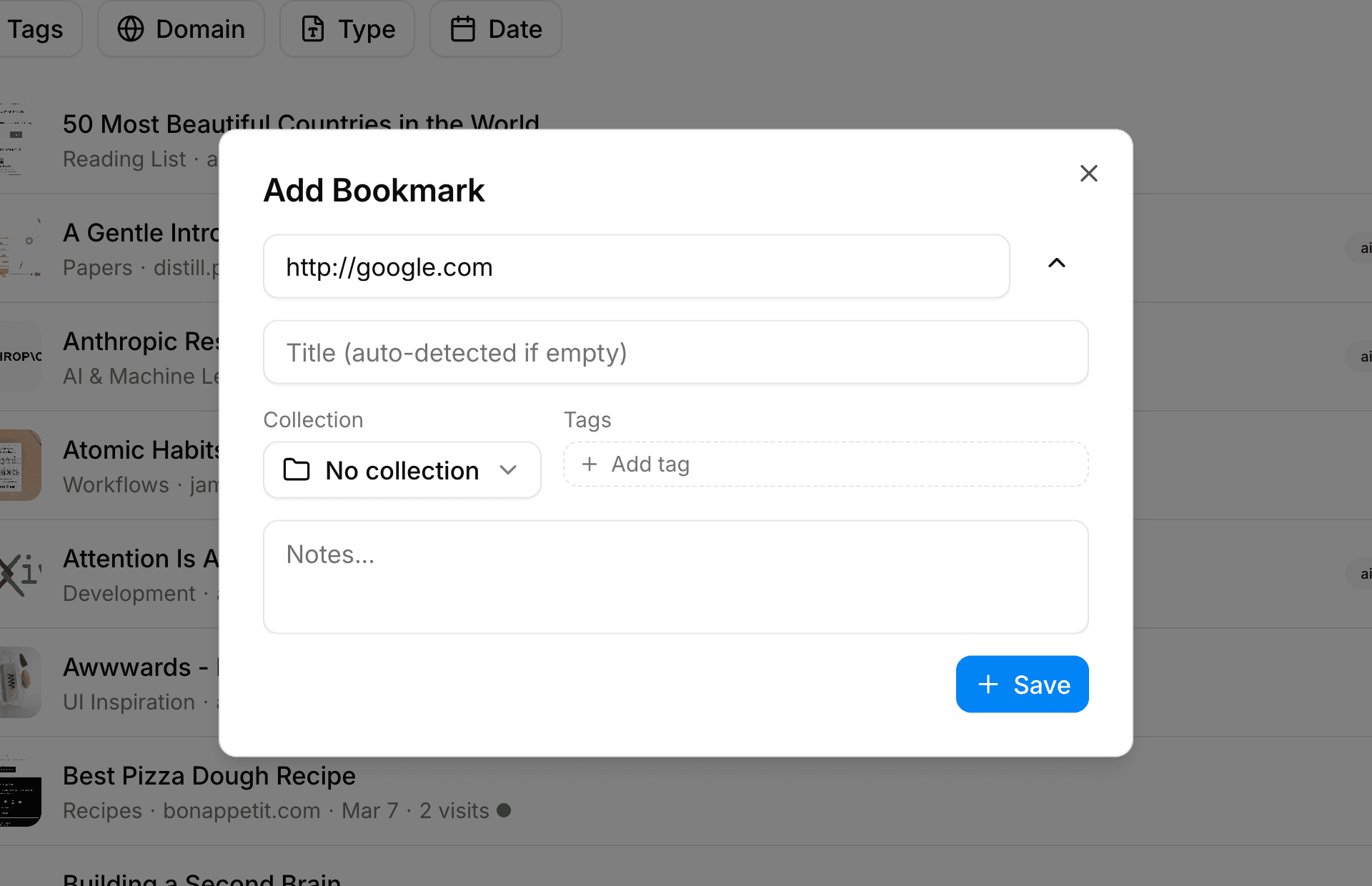 Add bookmark dialog with auto-fetched title, description, and favicon