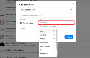 Tag input field with autocomplete dropdown showing existing tags