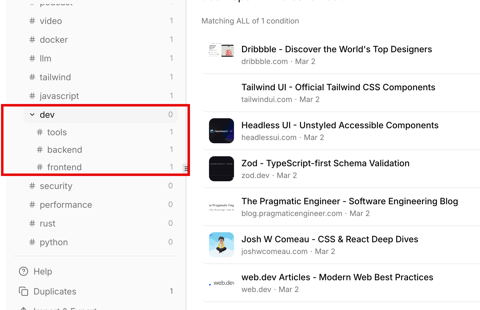 Sidebar showing hierarchical tags with dev expanded to show frontend, backend, and tools subtags