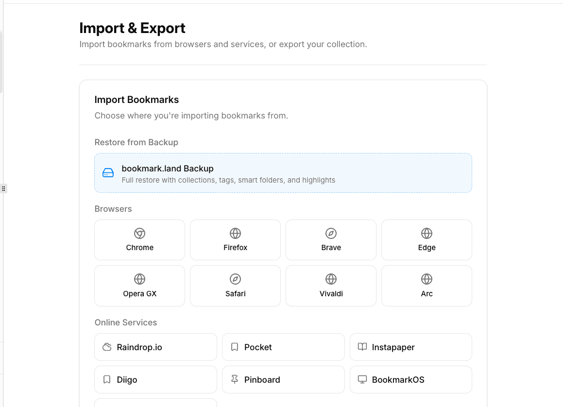 Import dialog showing browser and service source options