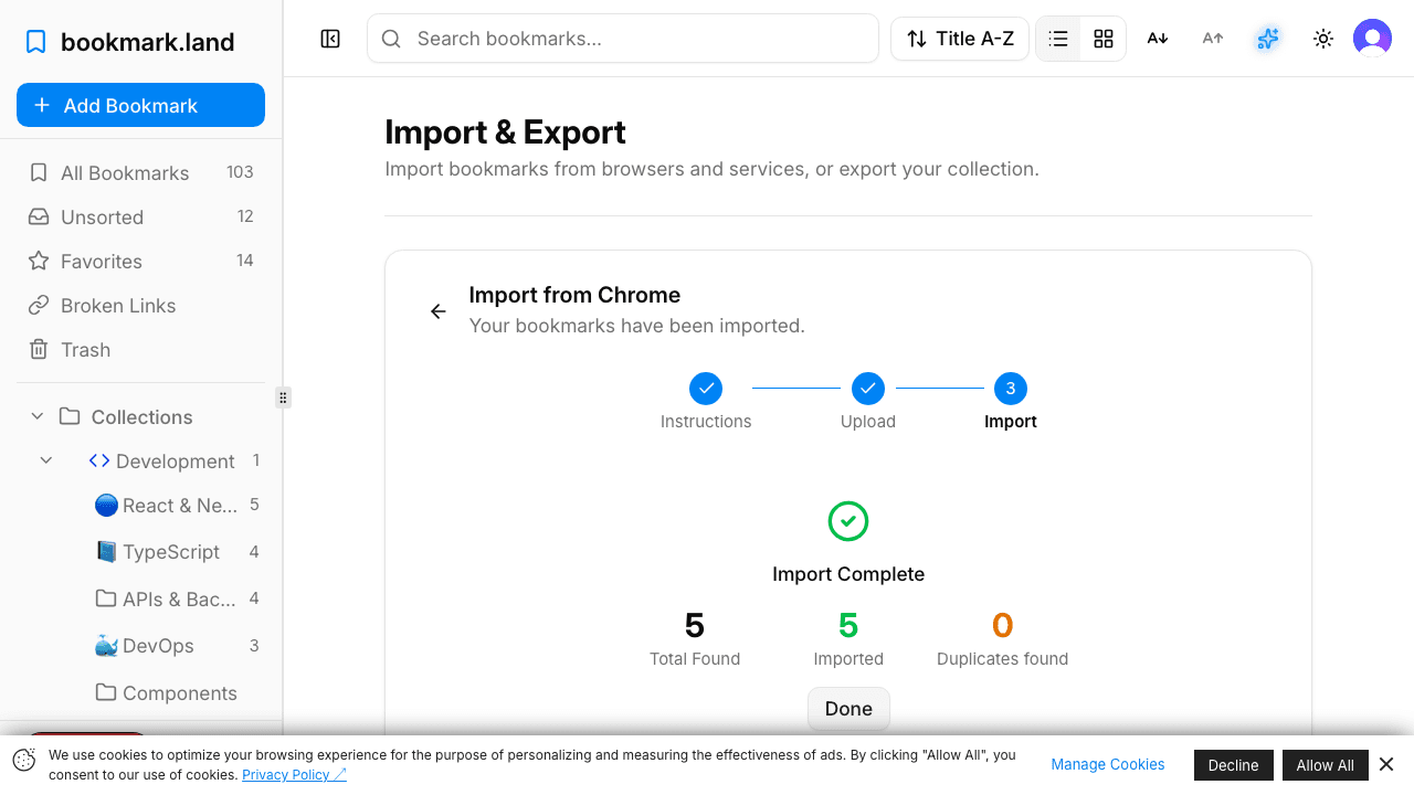Import complete screen showing total, imported, and duplicate counts