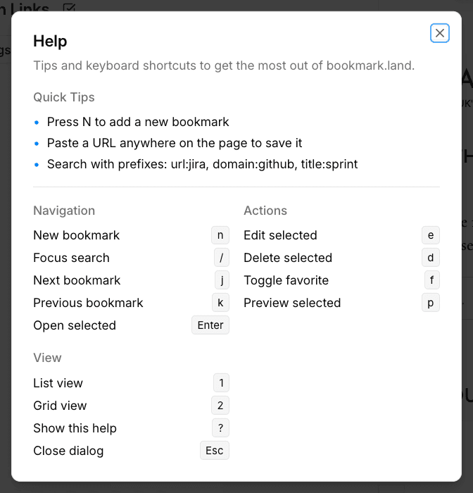 Keyboard shortcuts reference overlay
