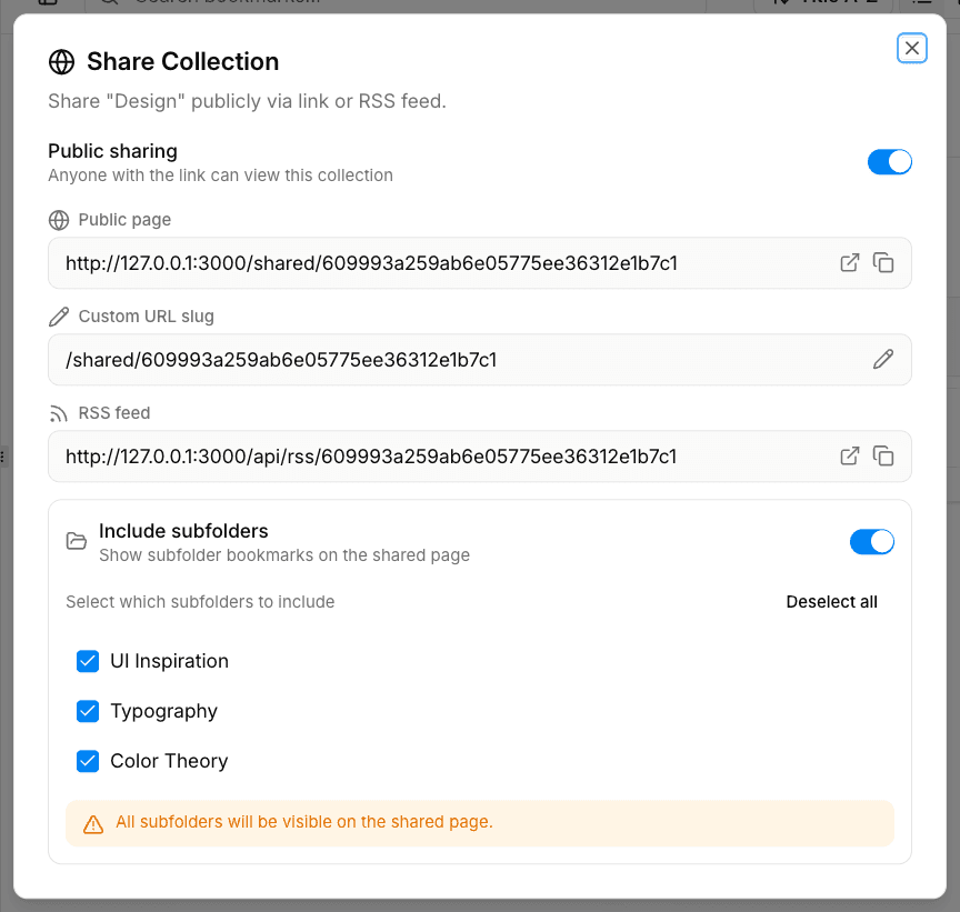 Share dialog with generated public link and RSS URL