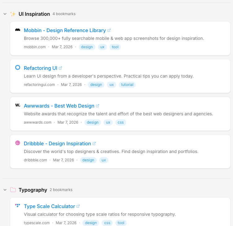 Public shared collection page showing bookmarks