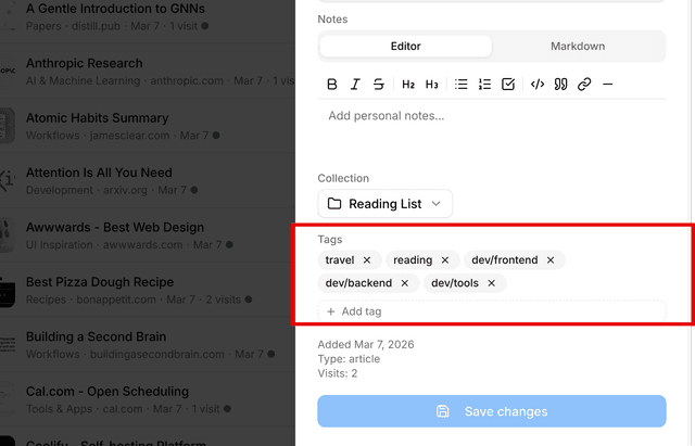 Sidebar showing tag list with bookmark counts