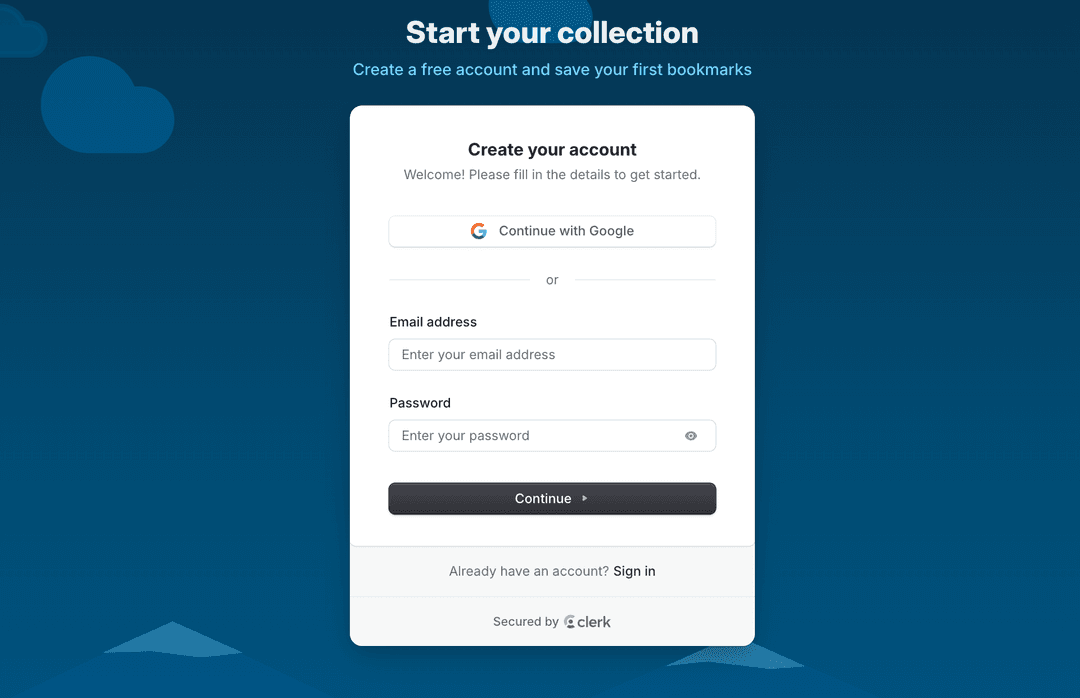 bookmark.land sign-up page
